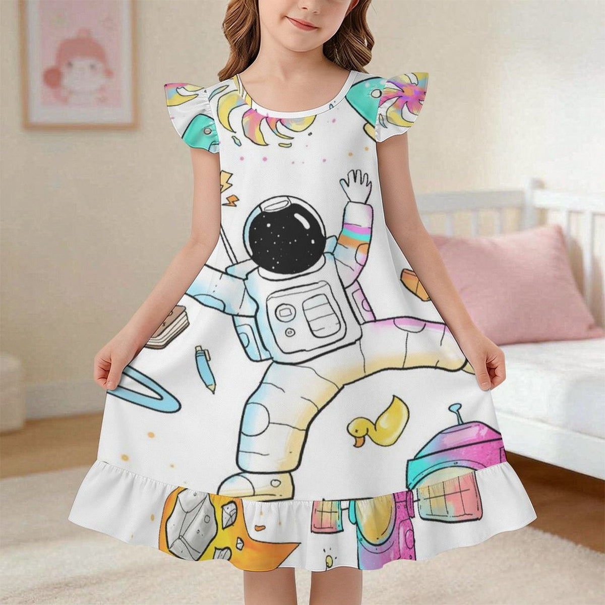Personalized Girls Nightgown with Ruffle Trim - Custom Print Sleep Dress