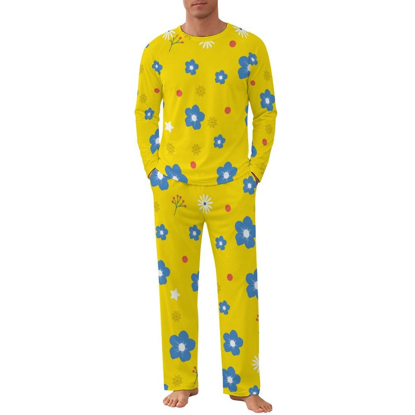 Shoulder Long Sleeved Pajama Set Yellow, Flower Background