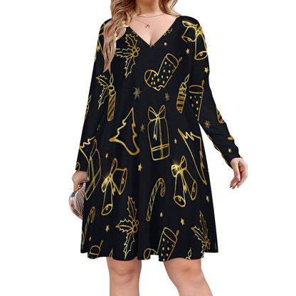 Custom Plus Size V-Neck Dress | Long Sleeve Midi T-Shirt Dress (S-8XL)