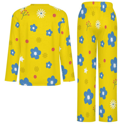Shoulder Long Sleeved Pajama Set Yellow, Flower Background