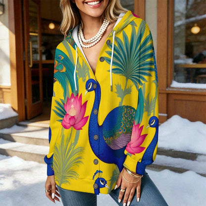 Women's Hooded Button-Up Knit Cardigan with Custom Heat Transfer