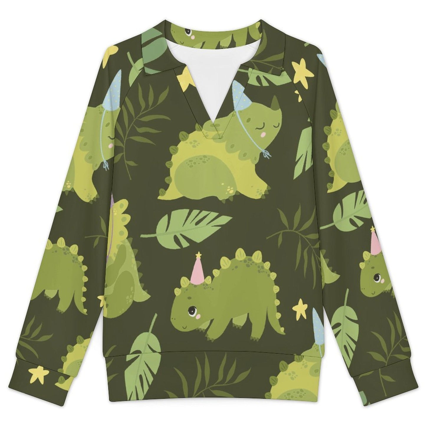 Casual Long Sleeve V-Neck Sweatshirt Green, Dinosaur Pattern