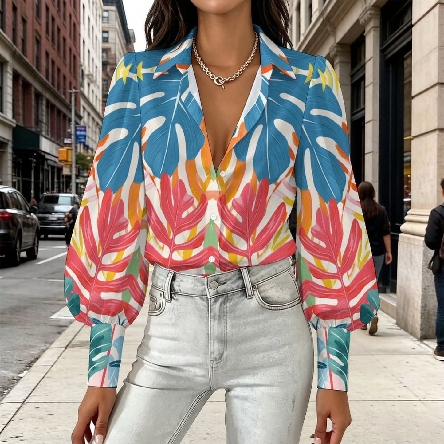 Women's Fashion Balloon Sleeve Long Sleeve Shirt with Custom Prints
