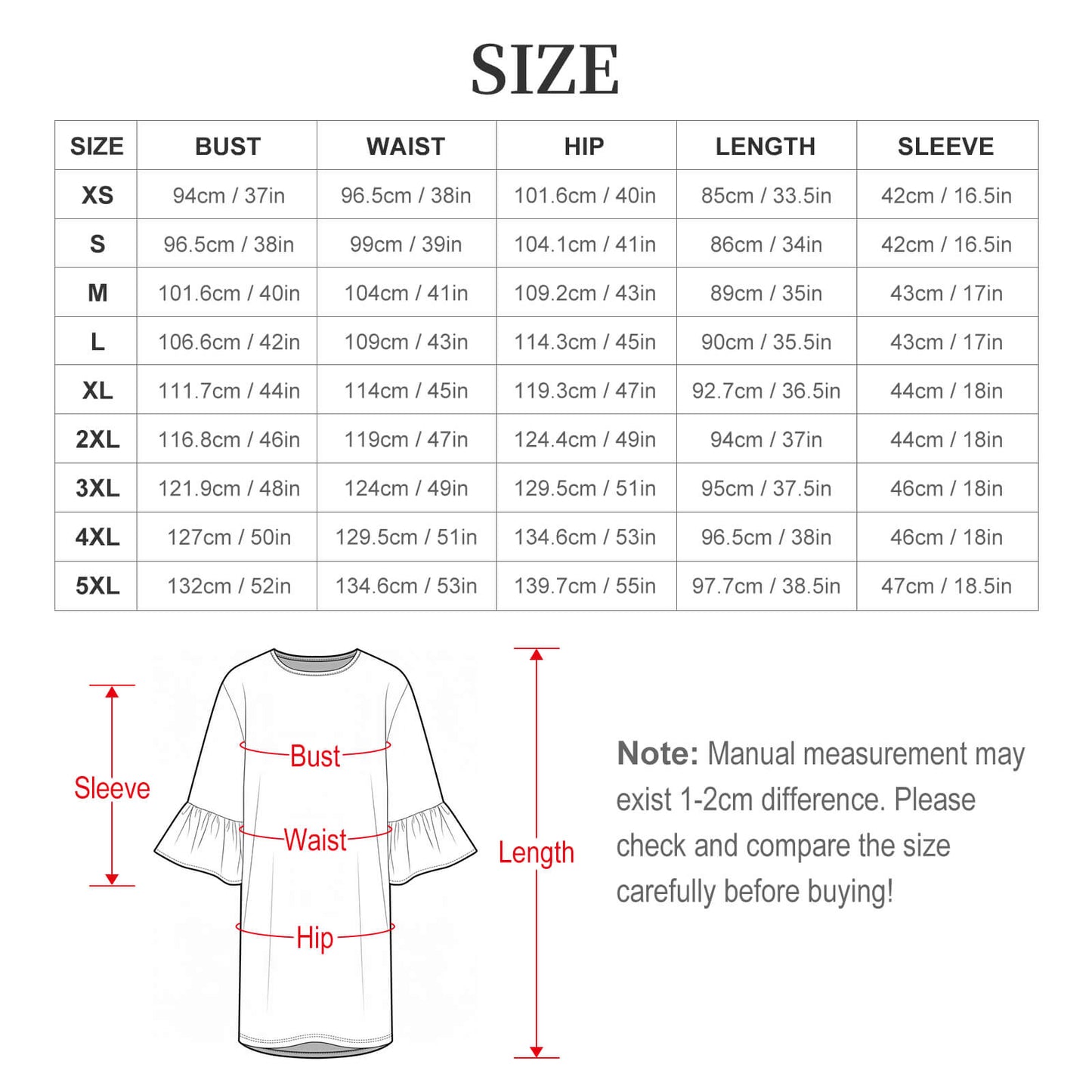 Women's Ruffle Sleeve Dress with Custom Print — Lightweight Stretch Fabric, Round Neck, XS to 5XL