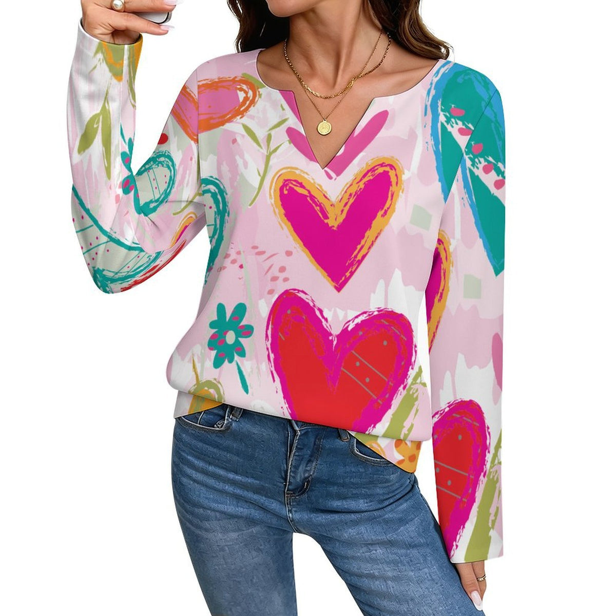 Women's Custom V-Neck Long Sleeve Top with Personalized Print
