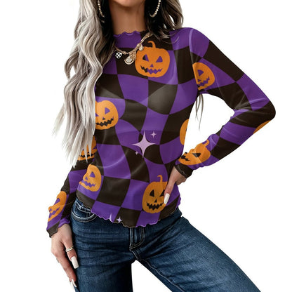 High Neck Long Sleeve Mesh Top for Women