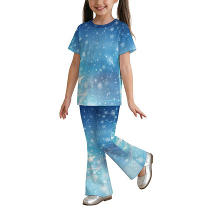 Custom Print Girls Flare Pants Set - Personalized Short Sleeve Summer Outfit