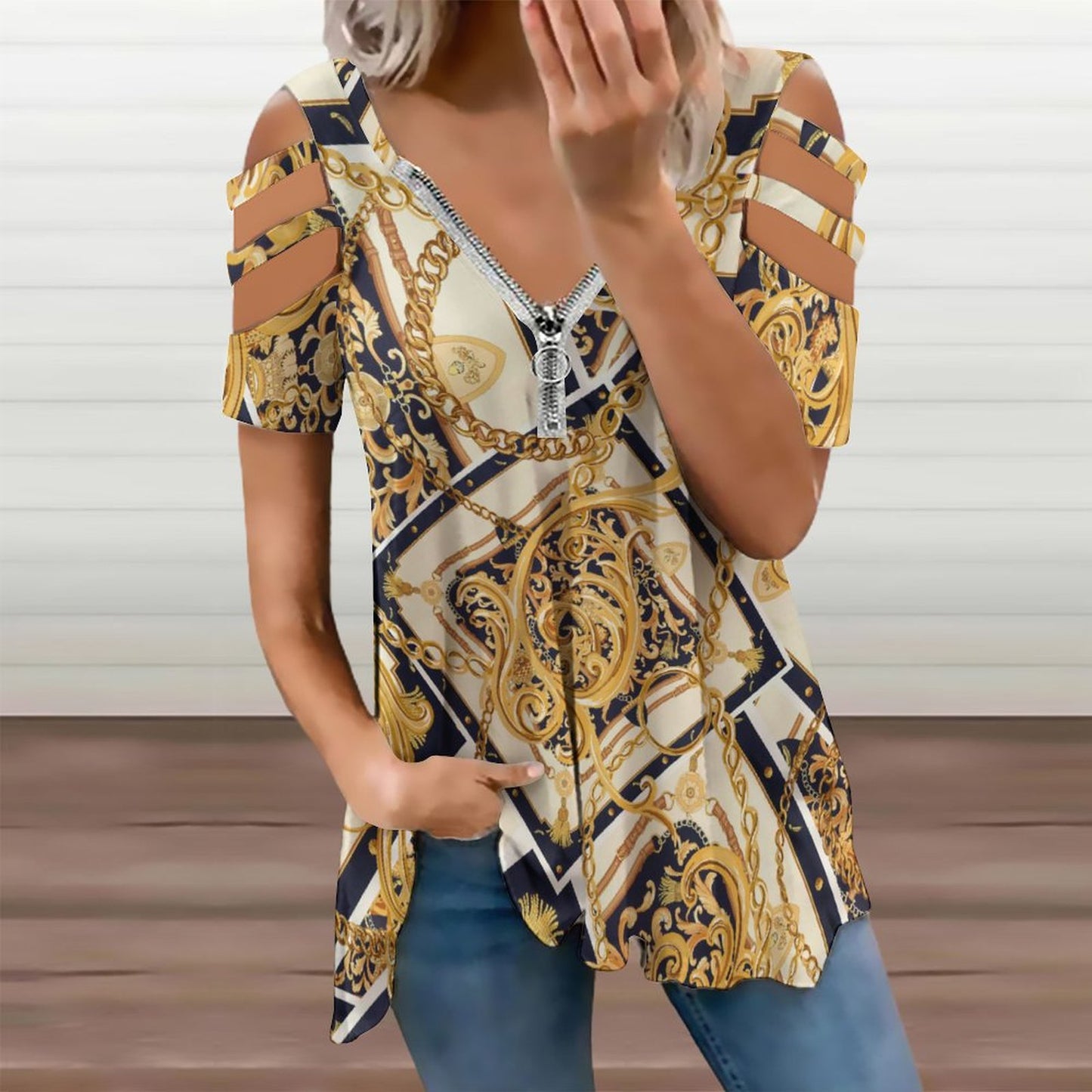 Custom Zip V-Neck Cold Shoulder Tunic Top | Adjustable Neckline Blouse