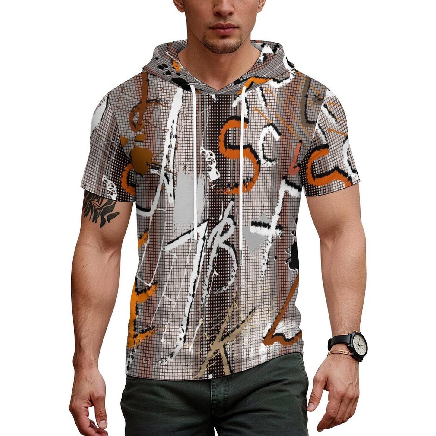 Mid-Sleeve Hooded Sweatshirt in Fish Scale Fabric with Custom Heat Transfer Print