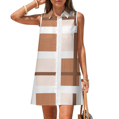 Custom Print Women Sleeveless Faux Linen Button Down Shirt Dress