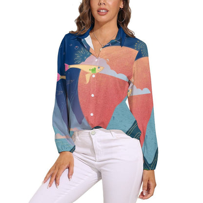 Custom Women's Retro V-Neck Blouse | Personalized Long Sleeve Top
