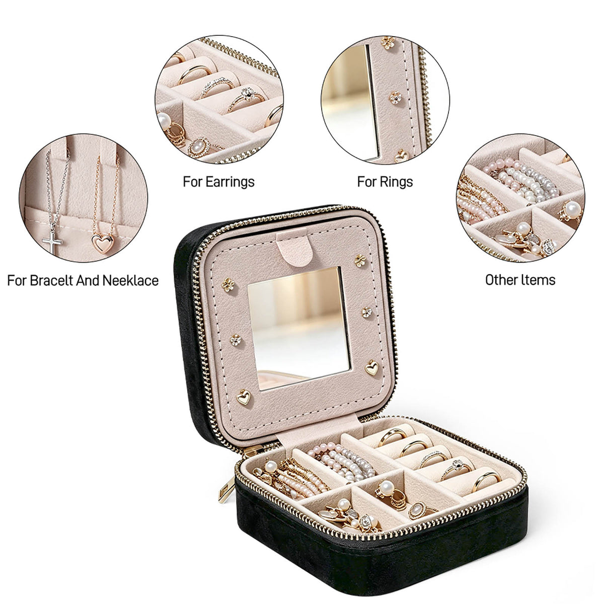 Personalized Square Velvet Jewelry Box with Mirror and Zipper Closure