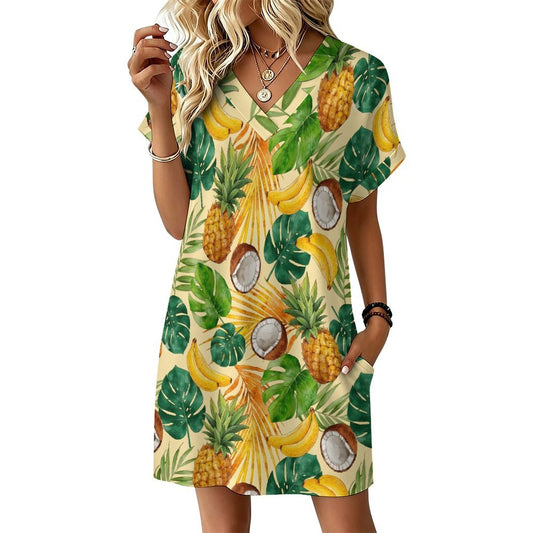 Custom V-Neck Casual Dress with Rolled Cuff Sleeves for Women