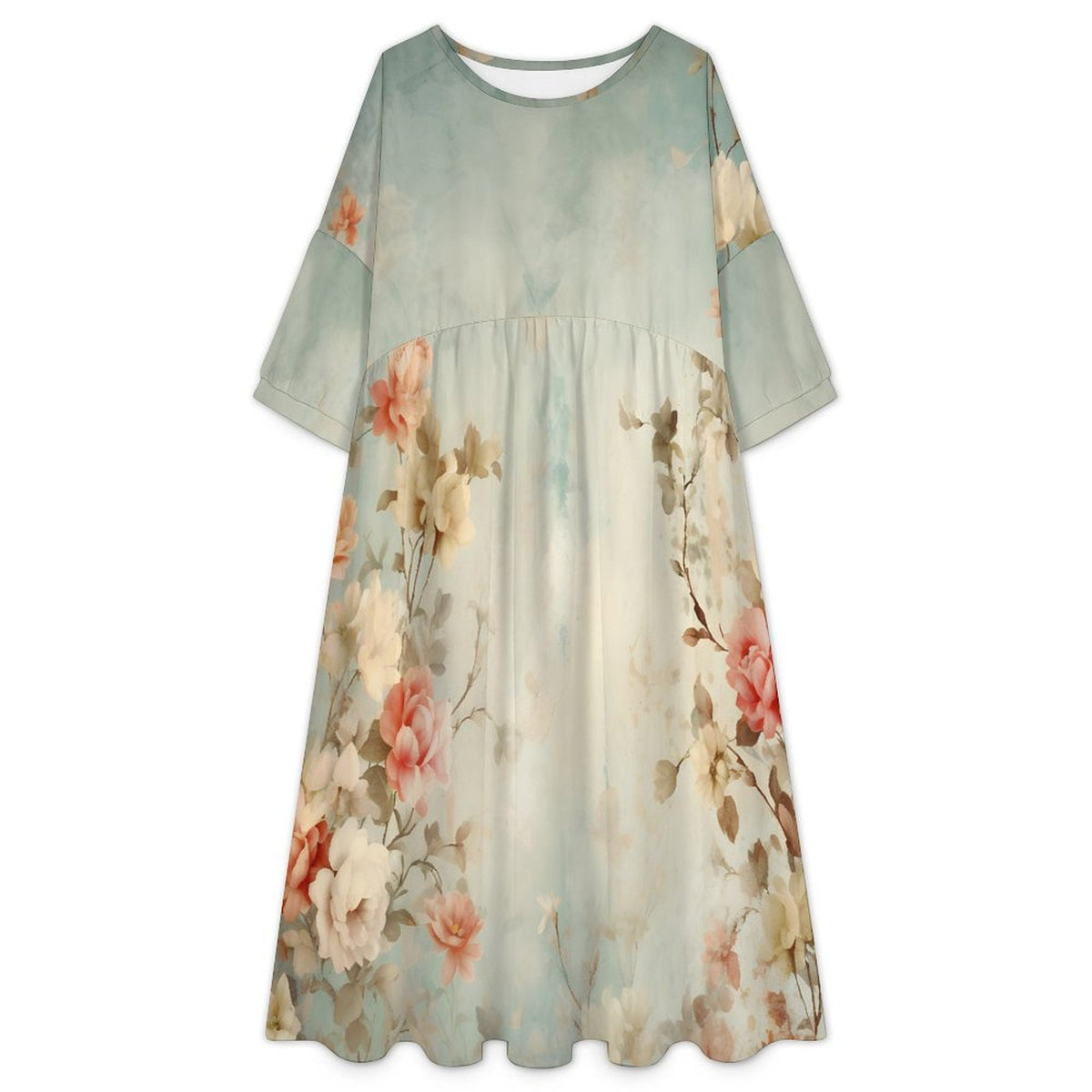 Custom Printed High Waist Babydoll Midi Dress for Women