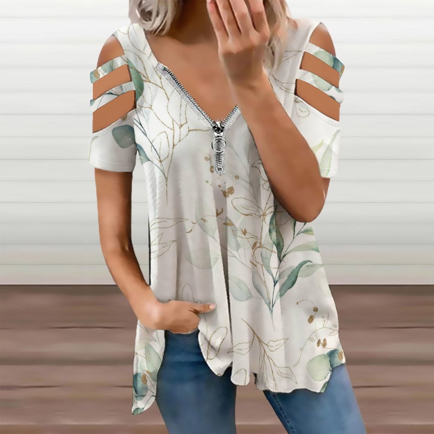 Custom Printed Zip-Front Cold Shoulder Tunic Top