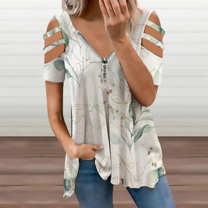 Custom Printed Zip-Front Cold Shoulder Tunic Top