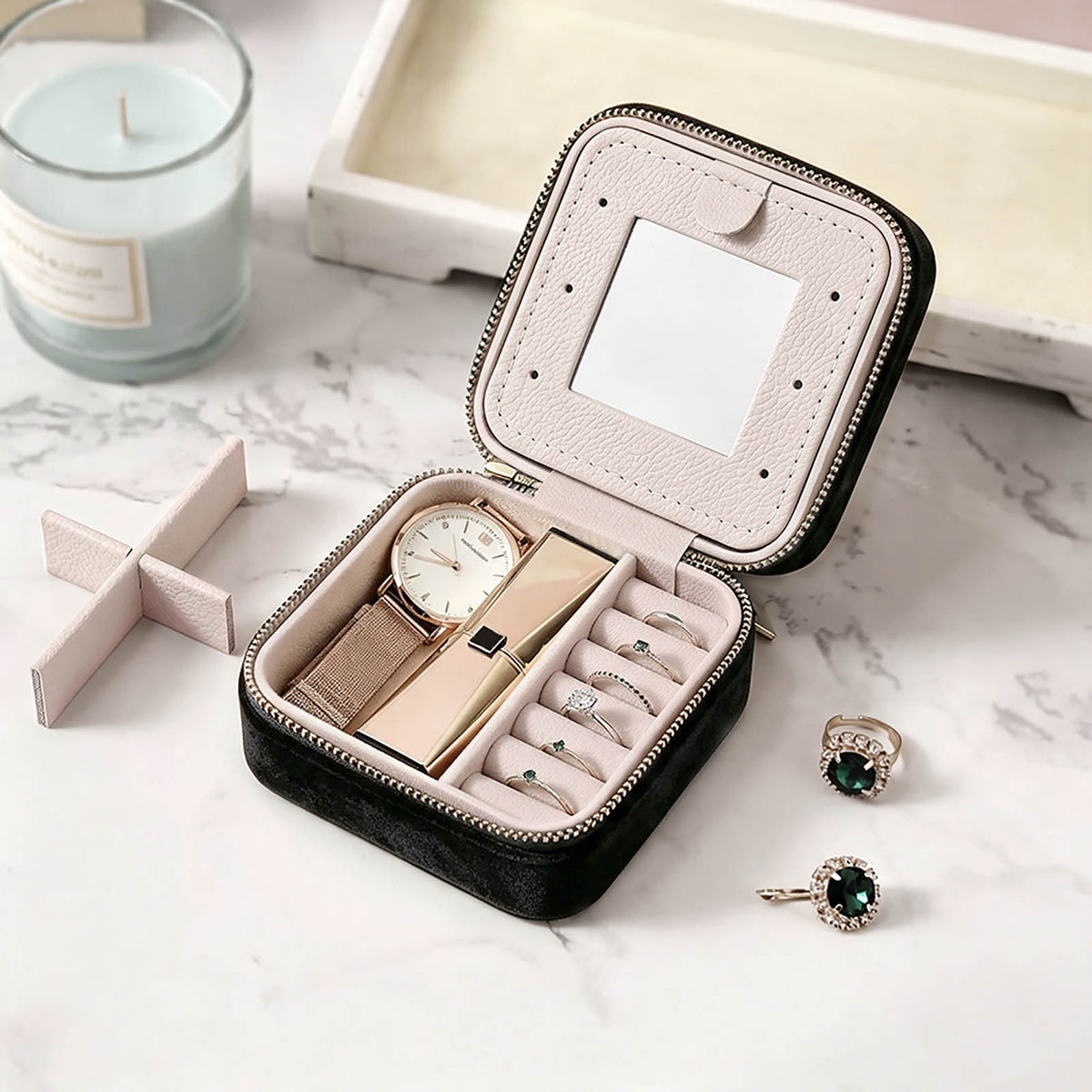 Personalized Square Velvet Jewelry Box with Mirror and Zipper Closure