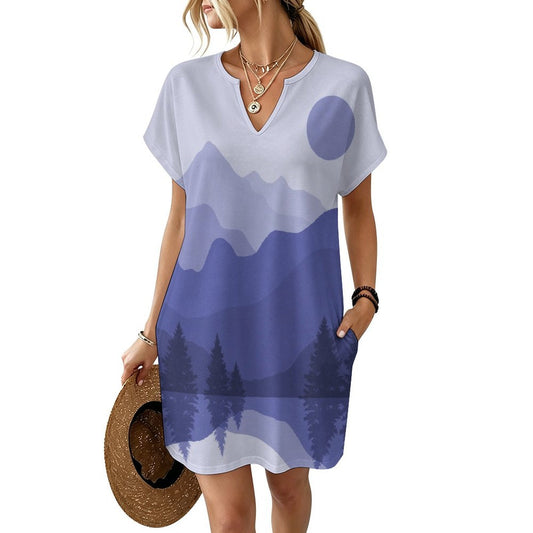 Custom Women's V-Neck Oversized T-Shirt Dress with Pockets