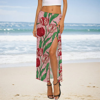 Custom Printed Sheer Mesh Slit Maxi Skirt Cover-Up