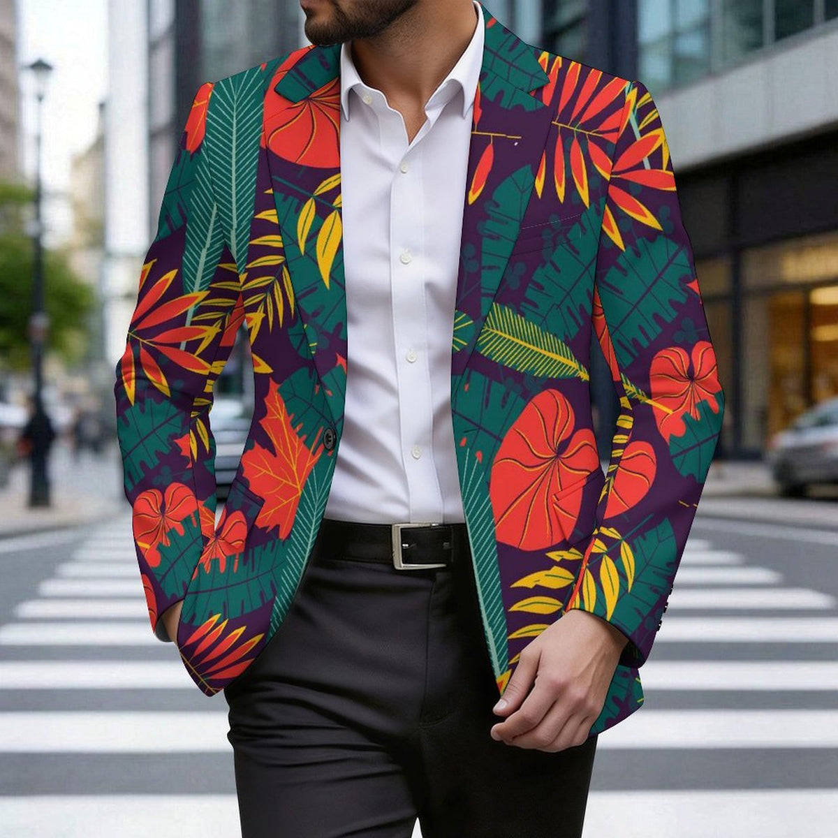 Men's Single-Button Blazer with Custom Heat Transfer and Flap Pockets