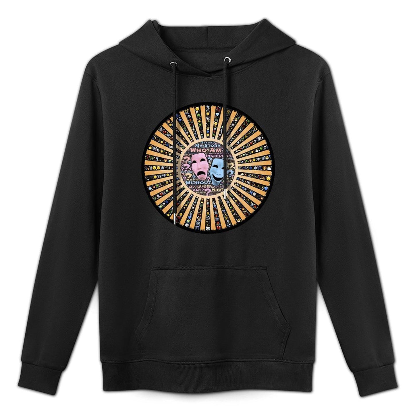 Custom Theatre Mask Graphic Hoodie | 'Who Am I' Philosophical Sweatshirt