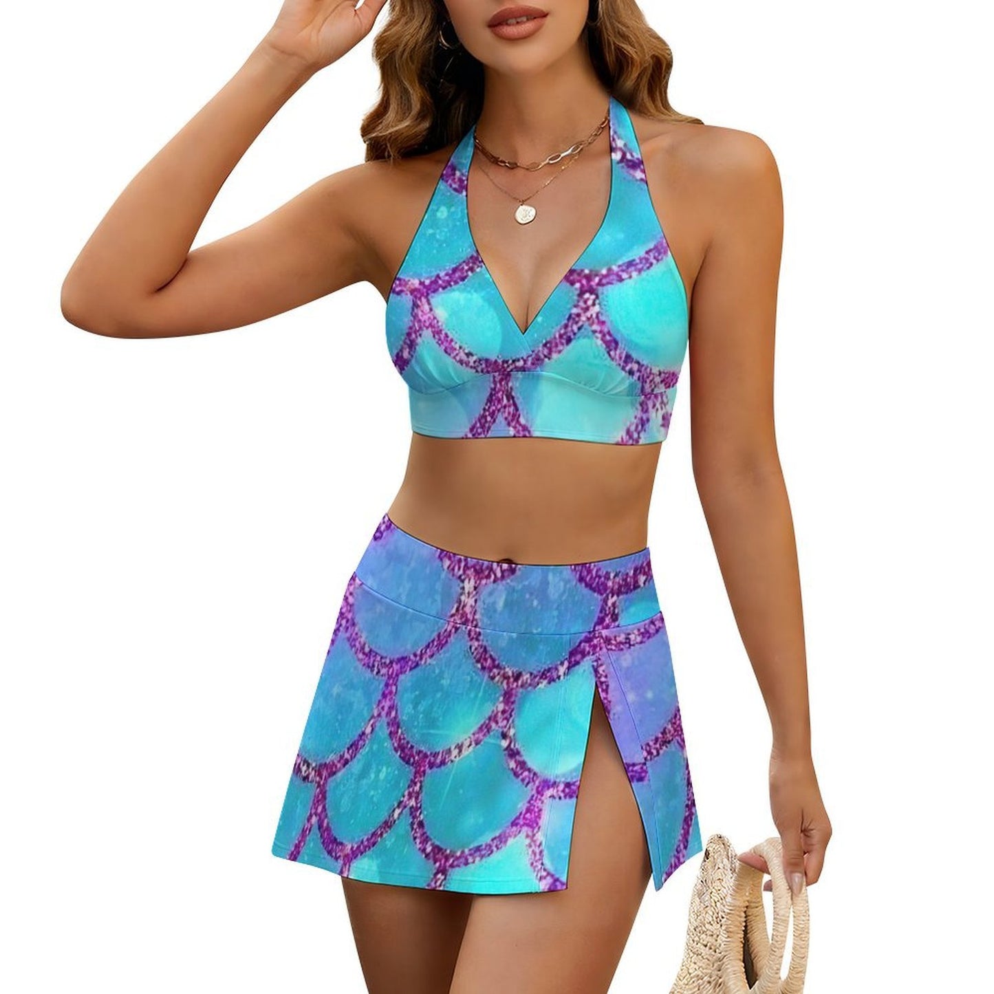 Custom Two-Piece Swimsuit with Tie Straps and Split Skirt