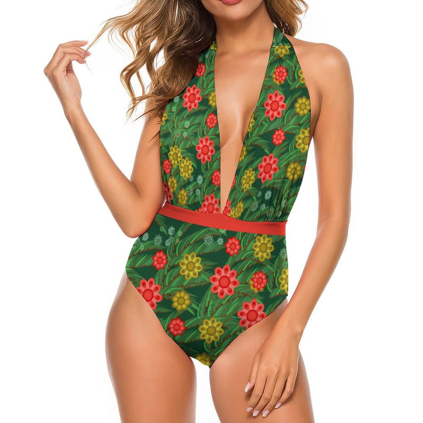 Custom Deep V One-Piece Swimsuit: Halter Neck Monokini