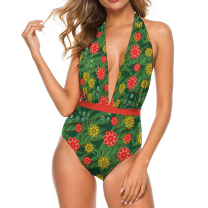 Custom Deep V One-Piece Swimsuit: Halter Neck Monokini