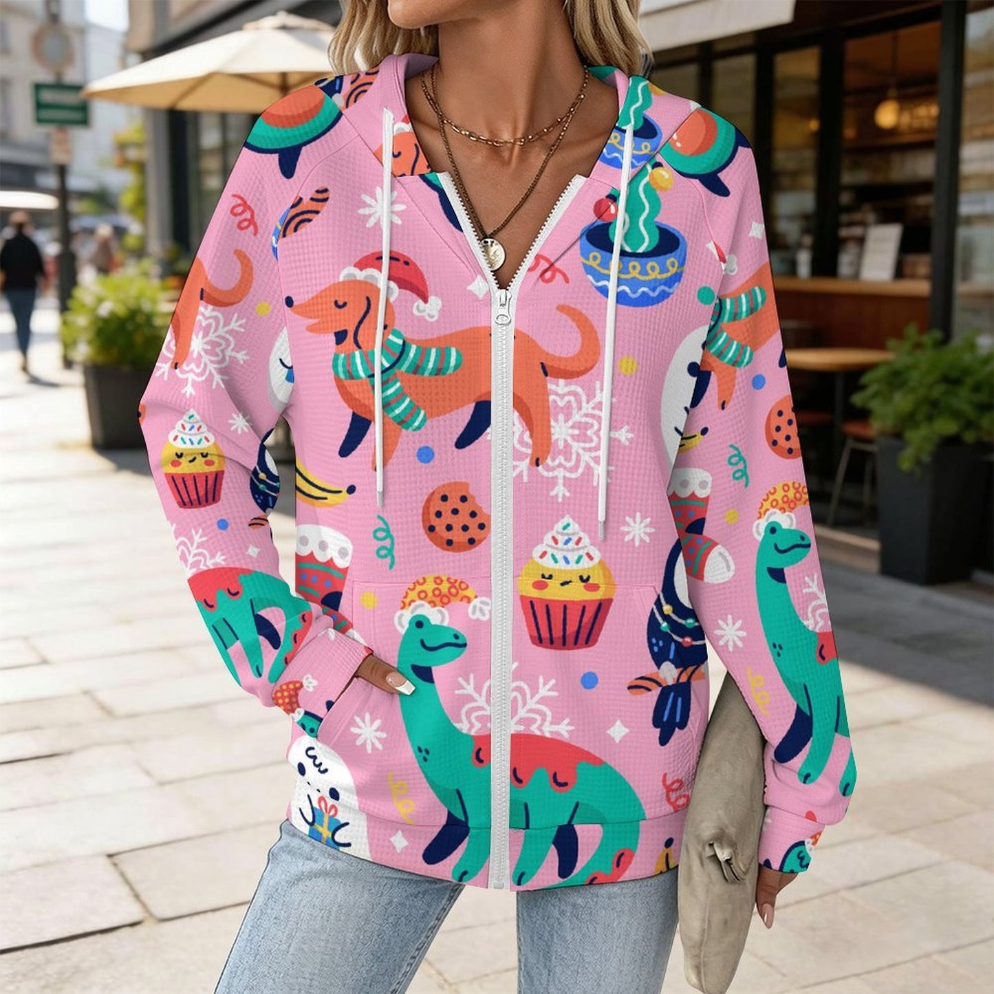 Women's Waffle Knit Full-Zip Hoodie with Custom Print