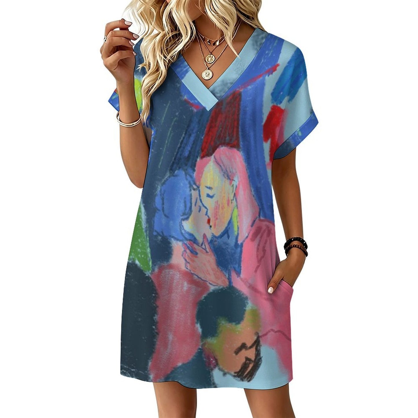 Women's Casual V-Neck Dress with Turn-Up Cuffs — Custom Heat Transfer Print, Soft Stretch Fabric, S–5XL