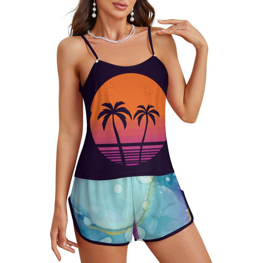 Custom Ice Silk Pajama Set | Personalized Camisole & Shorts Sleepwear