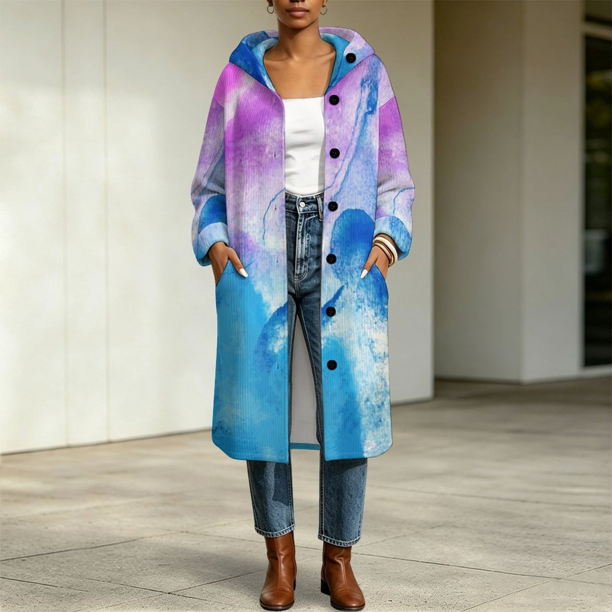 Women's Long Fleece-Lined Hooded Coat with Custom Print