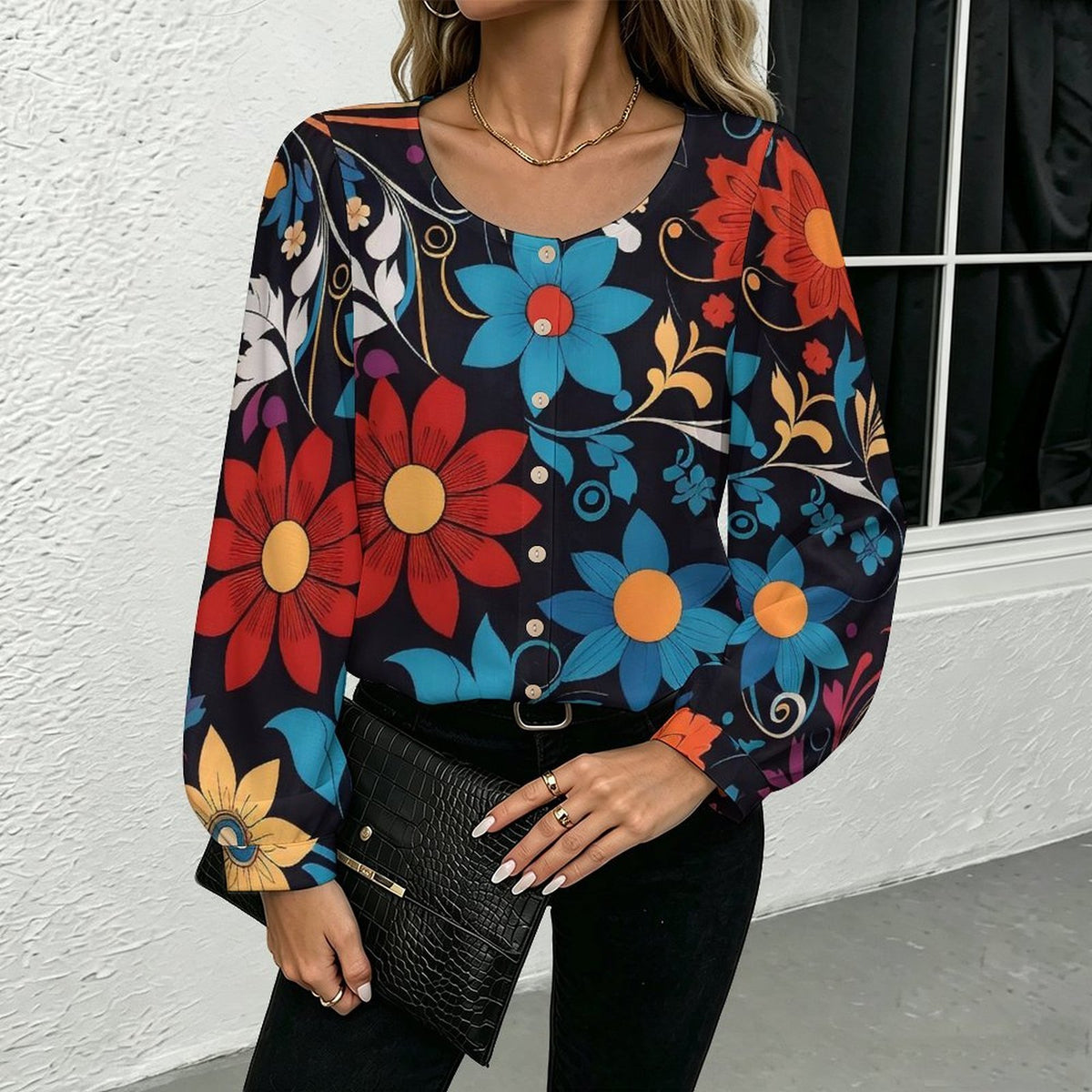 Custom Women's Linen-Look Blouse with Lantern Sleeves and Personalized Print