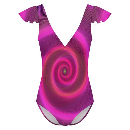 Custom V-Neck One-Piece Swimsuit with Ruffle Sleeves