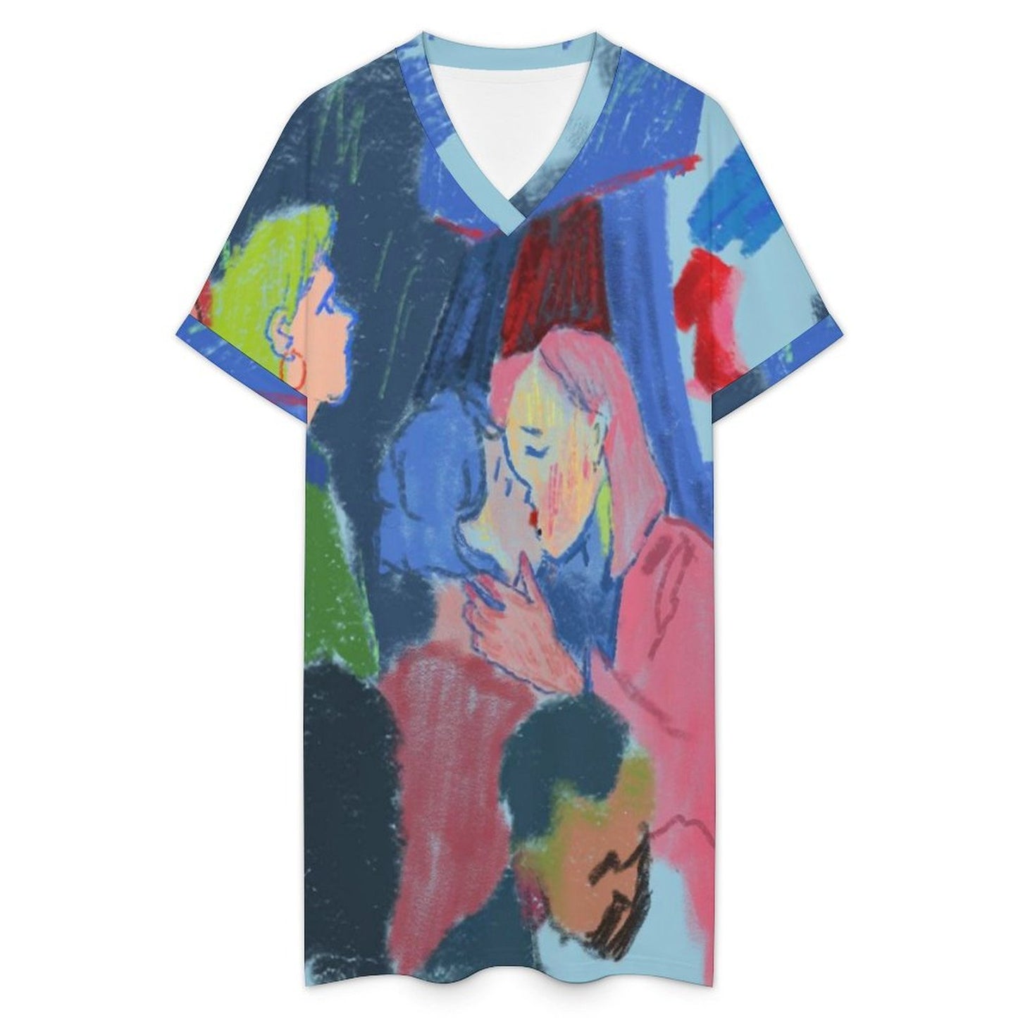Women's Casual V-Neck Dress with Turn-Up Cuffs — Custom Heat Transfer Print, Soft Stretch Fabric, S–5XL