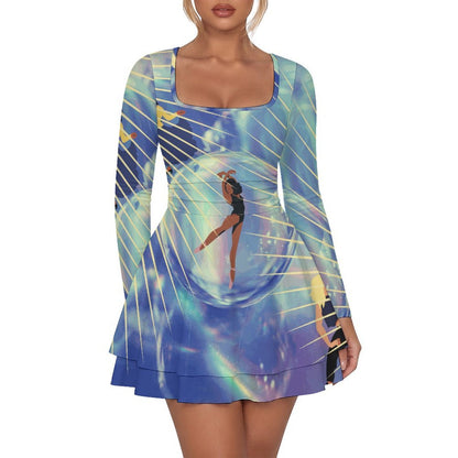 Square Neckline Ruffled Mini Dress Animation, Music, Dance Style S