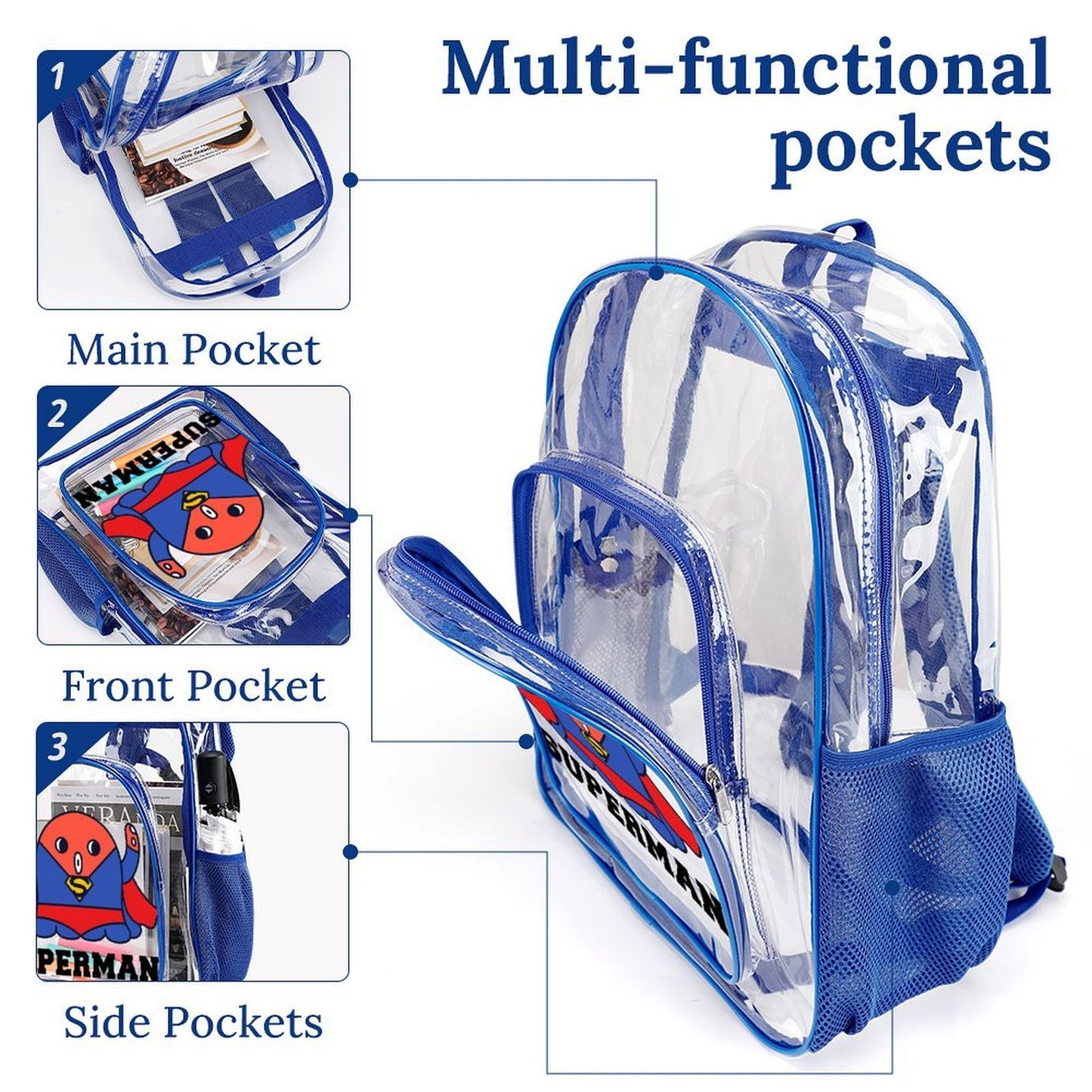 Custom Clear PVC Backpack with Mesh Pocket — UV-Printed Personalized Transparent Bag
