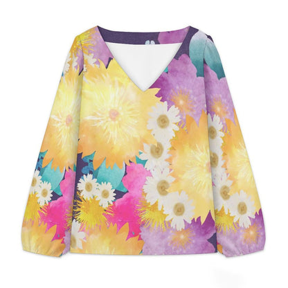 Women's Custom Print V-Neck Blouse with Lantern Sleeves