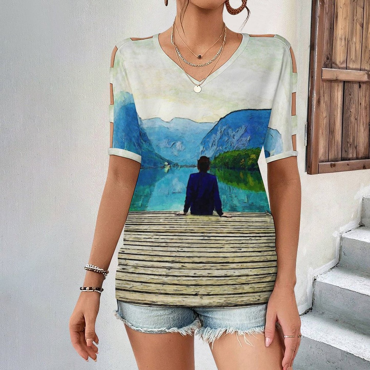 Custom Off-The-Shoulder Top | Personalized Ribbed V-Neck Tee