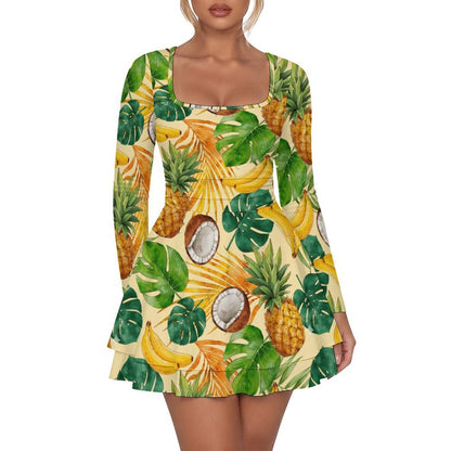 Women's Square Neck Ruffle Hem Mini Dress with Custom Prints
