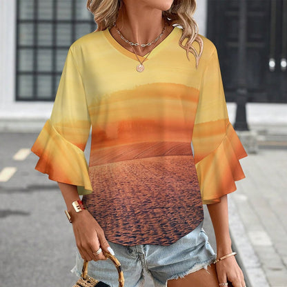 Custom Ruffle Bell Sleeve Top | Women's V-Neck Blouse