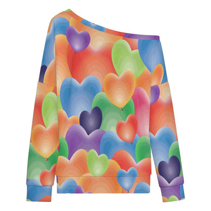 Off-shoulder Hoodie Color Heart Pattern