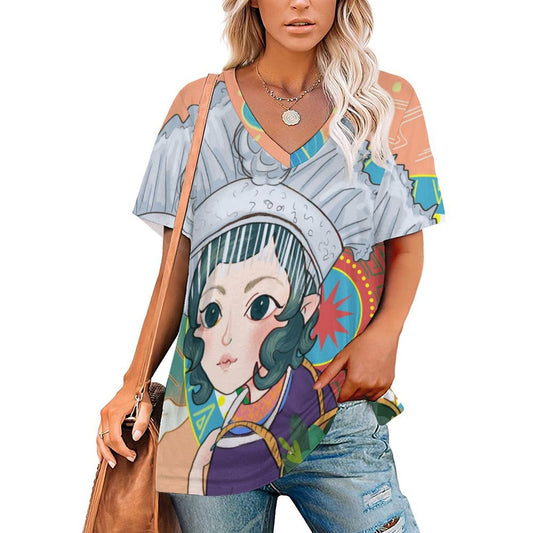 Custom V-Neck T-Shirt with Photo | Personalized Ice Silk Tee for Women