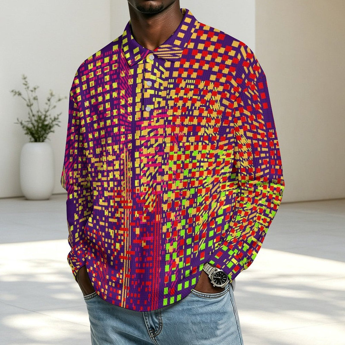 Custom Waffle Knit Collared Sweatshirt for Men