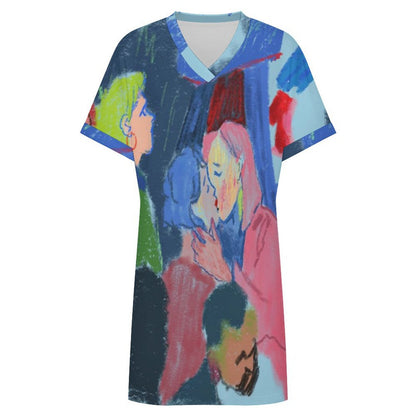 Women's Casual V-Neck Dress with Turn-Up Cuffs — Custom Heat Transfer Print, Soft Stretch Fabric, S–5XL