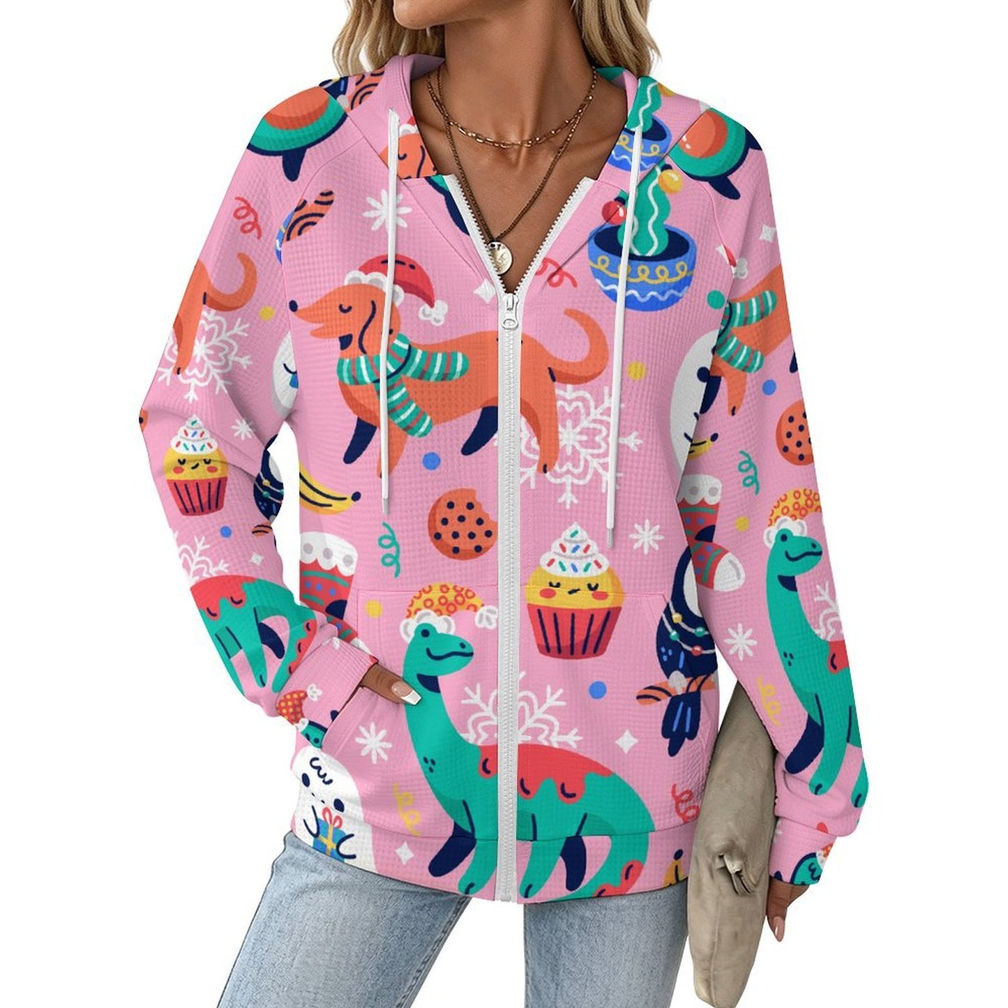 Women's Waffle Knit Full-Zip Hoodie with Custom Print