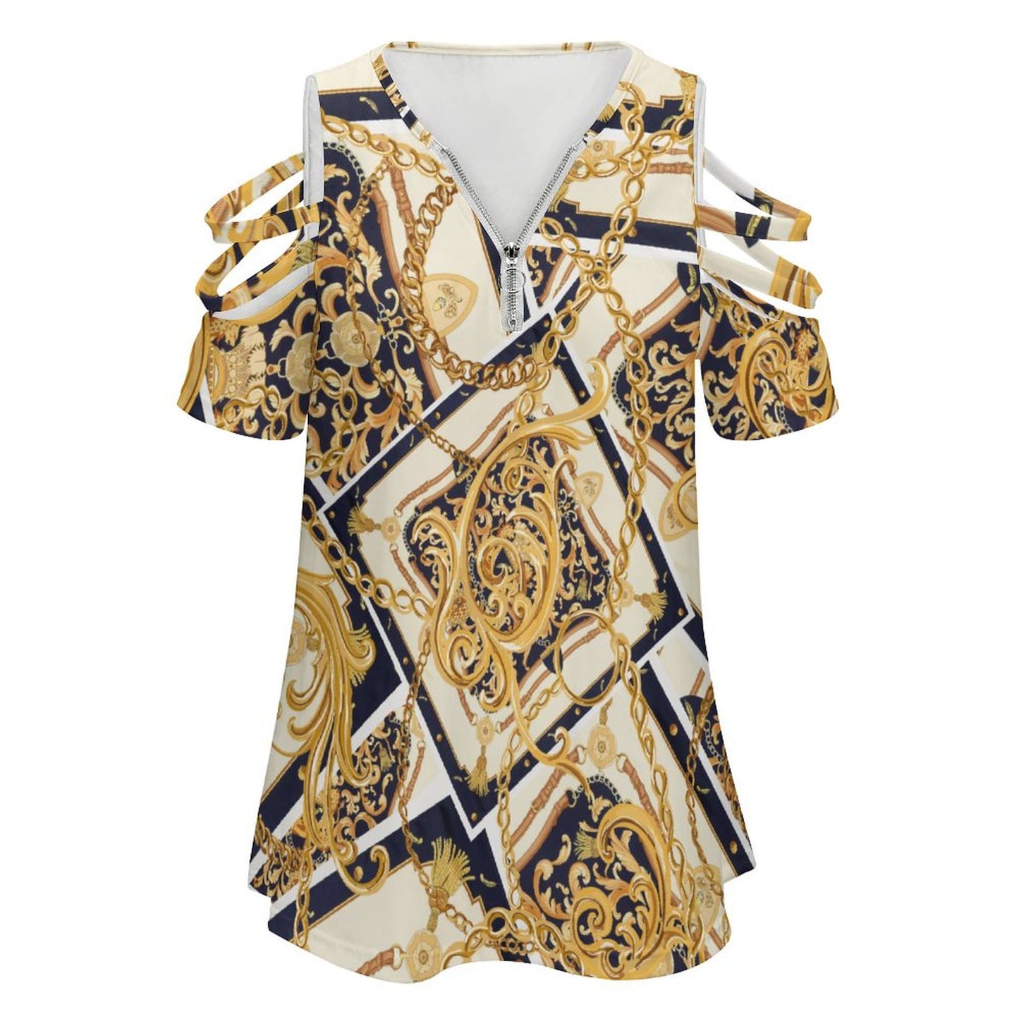Custom Zip V-Neck Cold Shoulder Tunic Top | Adjustable Neckline Blouse