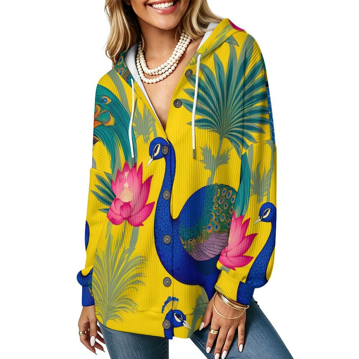 Women's Hooded Button-Up Knit Cardigan with Custom Heat Transfer
