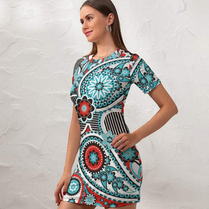Short Sleeve Bodycon Dress Custom Print | Pullover Knee Length Fitted