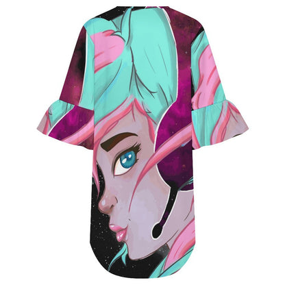 Women's Ruffle Sleeve Dress with Custom Print — Lightweight Stretch Fabric, Round Neck, XS to 5XL